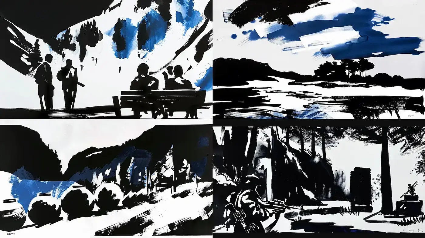Dynamic monochromatic landscapes with stark contrasts and bold brushstrokes - Midjourney sref style