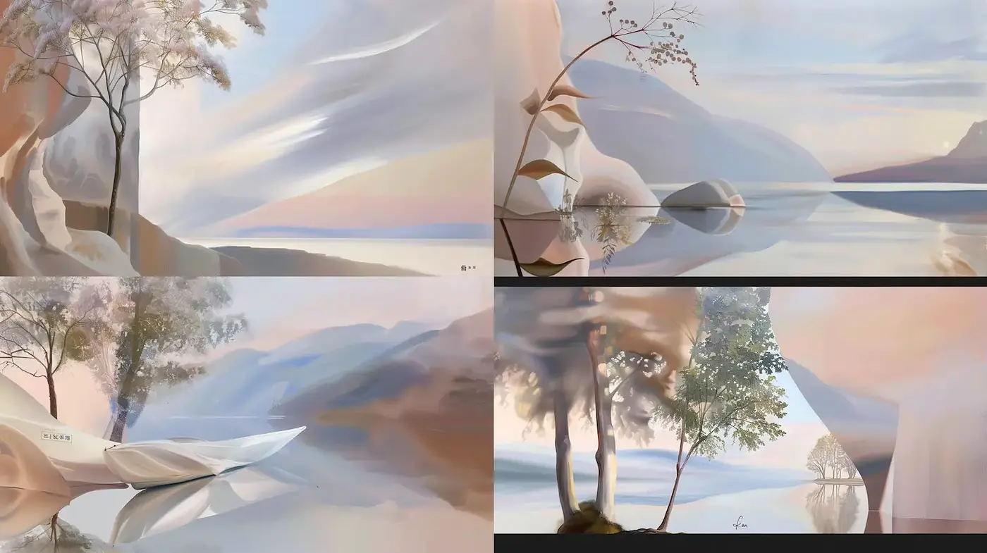 Dreamy and ethereal landscape art with a harmonious palette - Midjourney sref style
