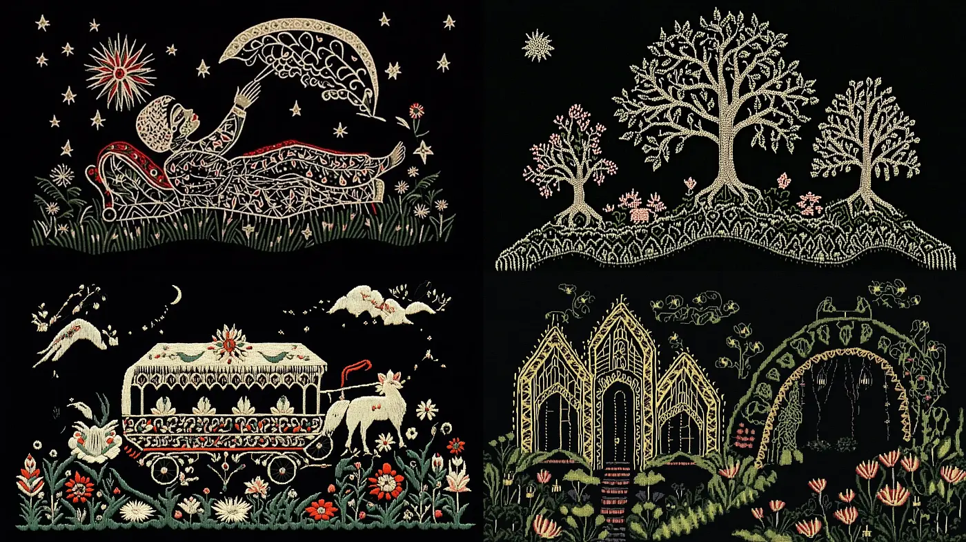 Enchanted Nocturnal Folklore Tapestry - Midjourney sref style