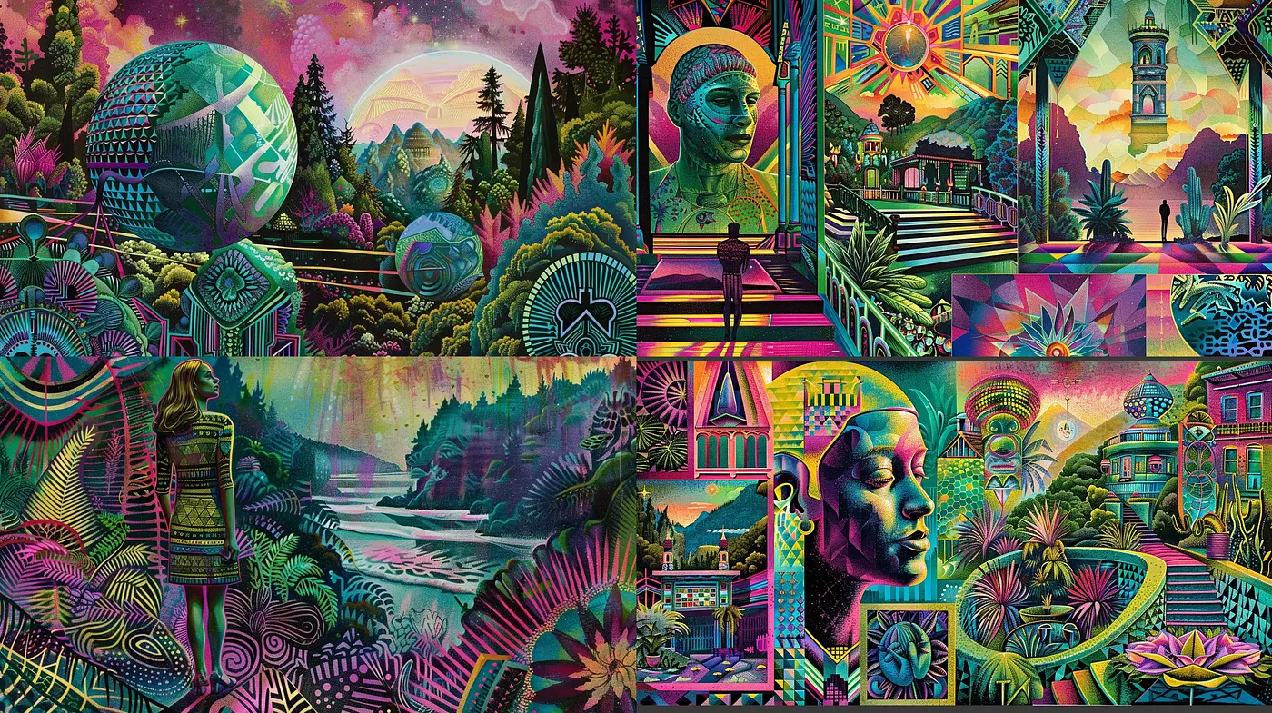 Psychedelic Dreamscapes: A Vibrant Journey Through Surreal Environments - Midjourney sref style