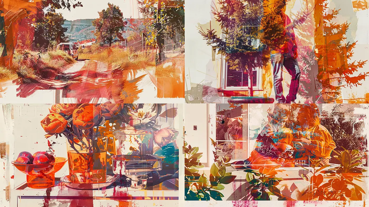 Ethereal Autumn Hues in Abstract Mixed-Media Montage - Midjourney sref style