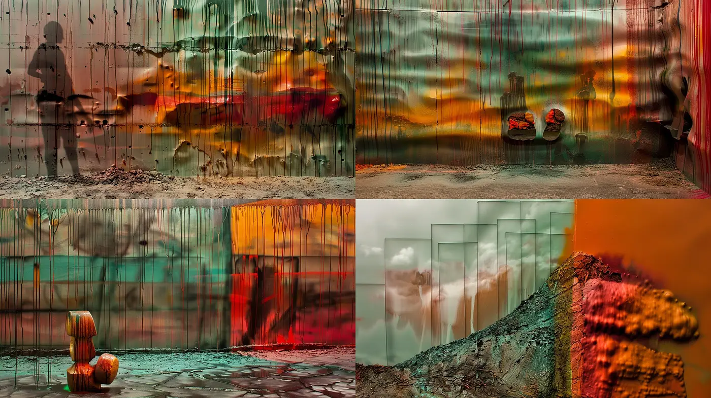 Distorted Reality through Chromatic Veils: A Study in Textured Translucency and Melancholic Hues - Midjourney sref style