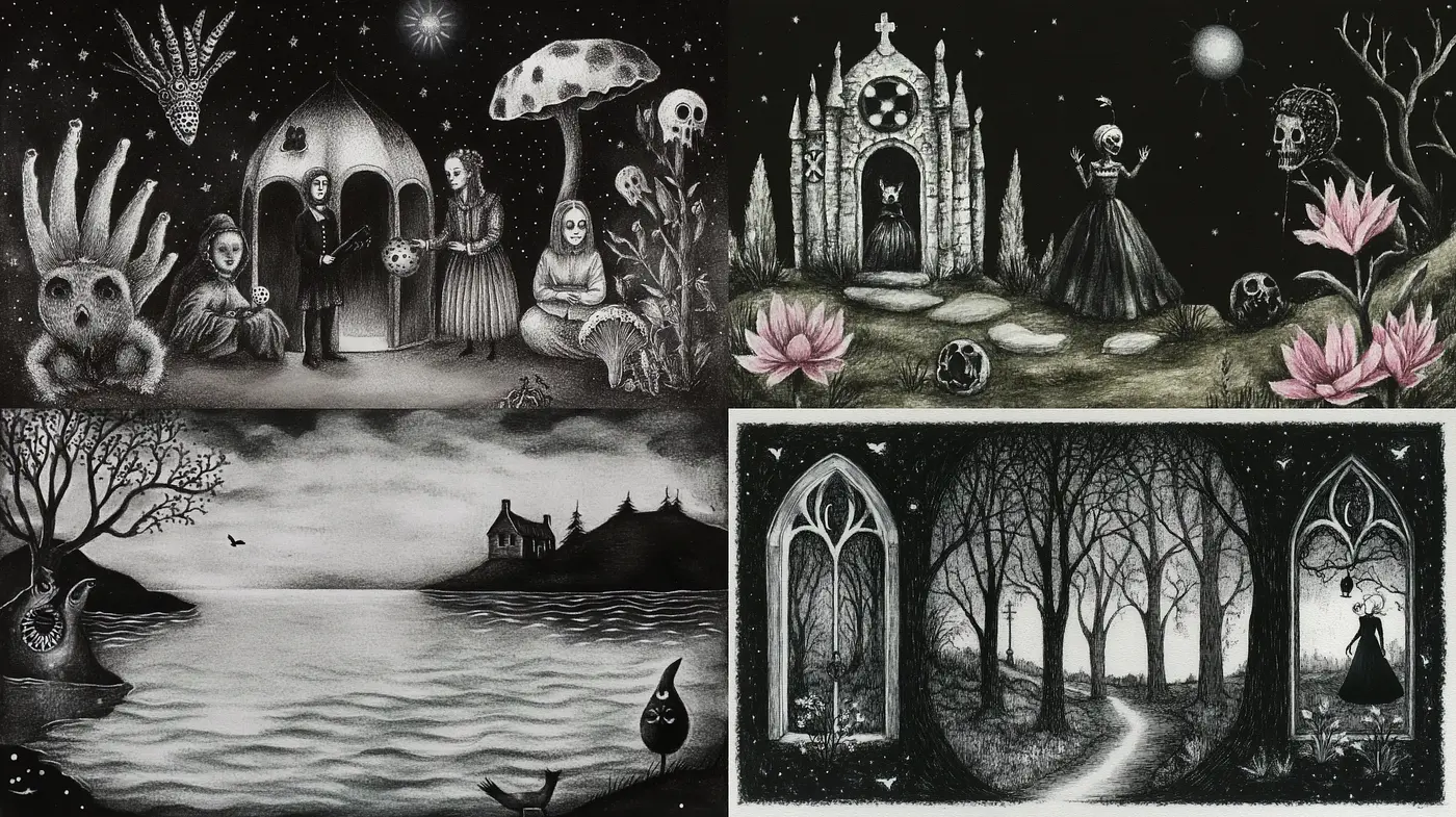 Whimsical Gothic Fantasy with Monochrome Mystique - Midjourney sref style