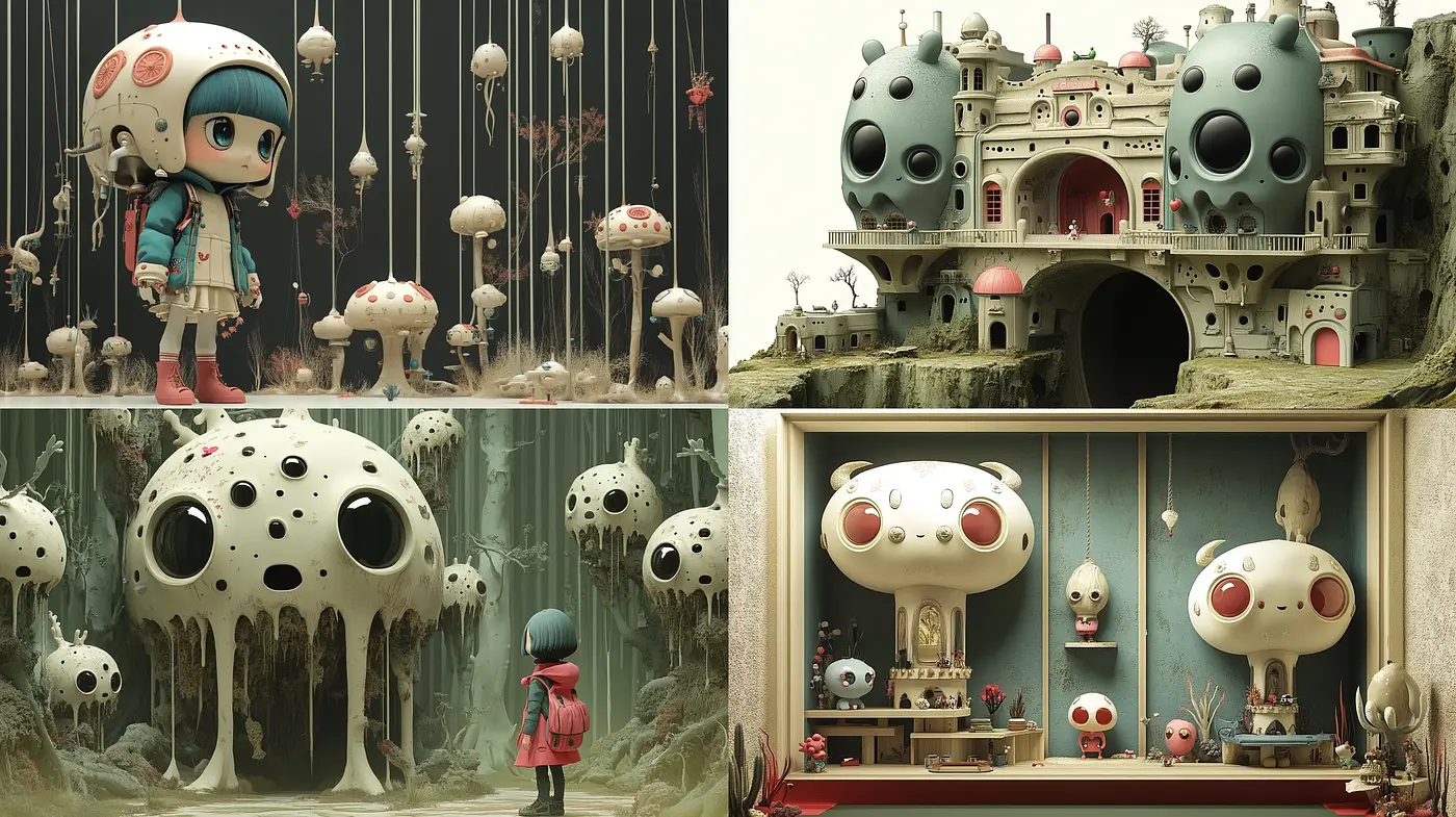 Whimsical Mushroom Fantasy with a Surreal Anime-inspired Essence - Midjourney sref style