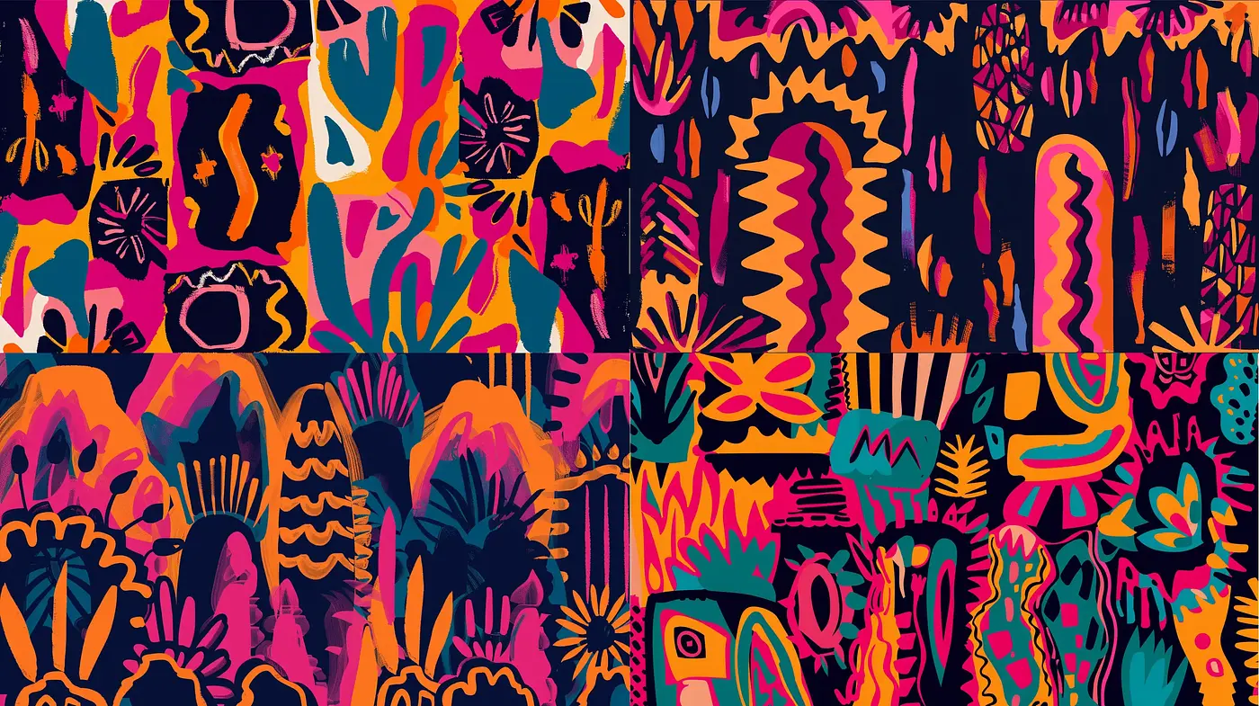 Abstract Expressionist Montage with Vibrant Tribal Fusion - Midjourney sref style