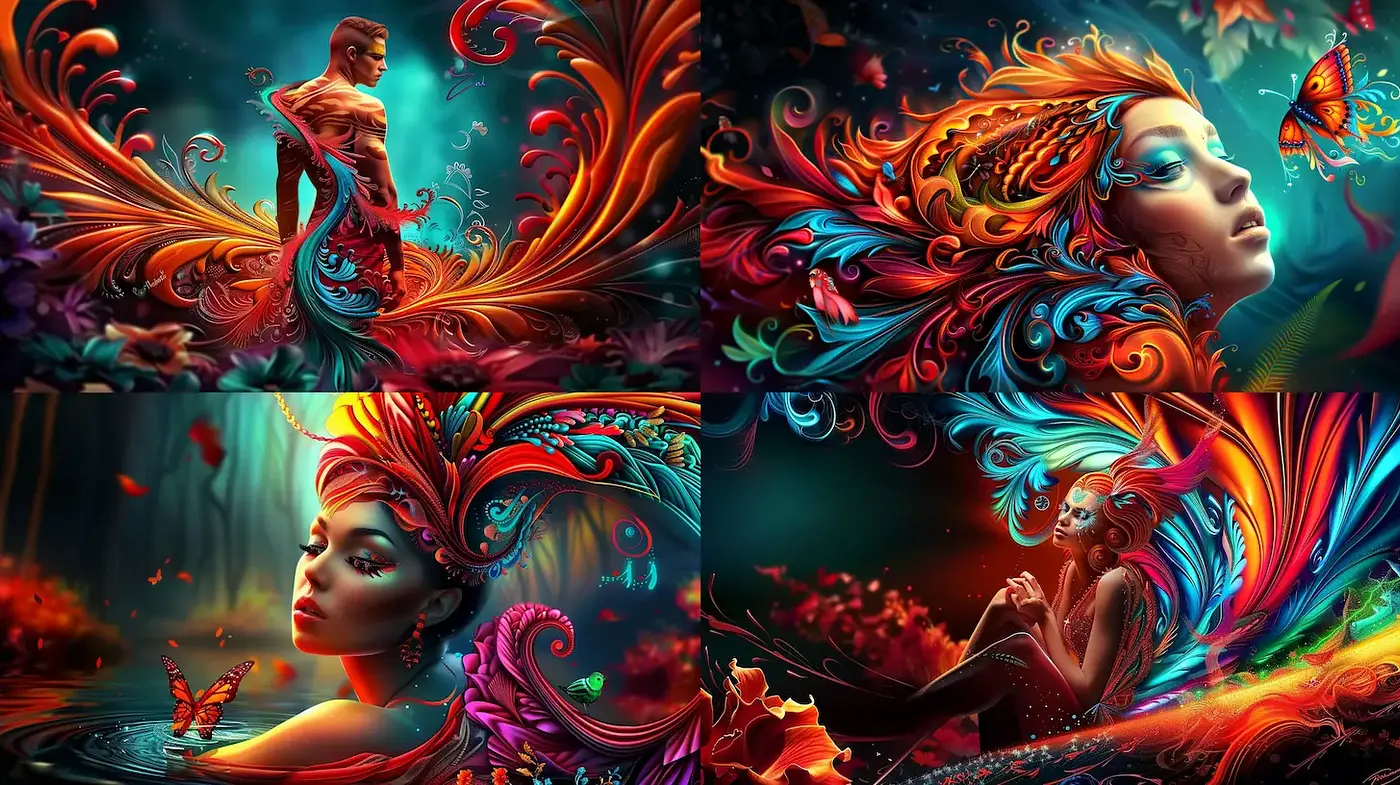 Vibrant and Intricate Digital Art with Fluid Motifs and Natural Elements - Midjourney sref style