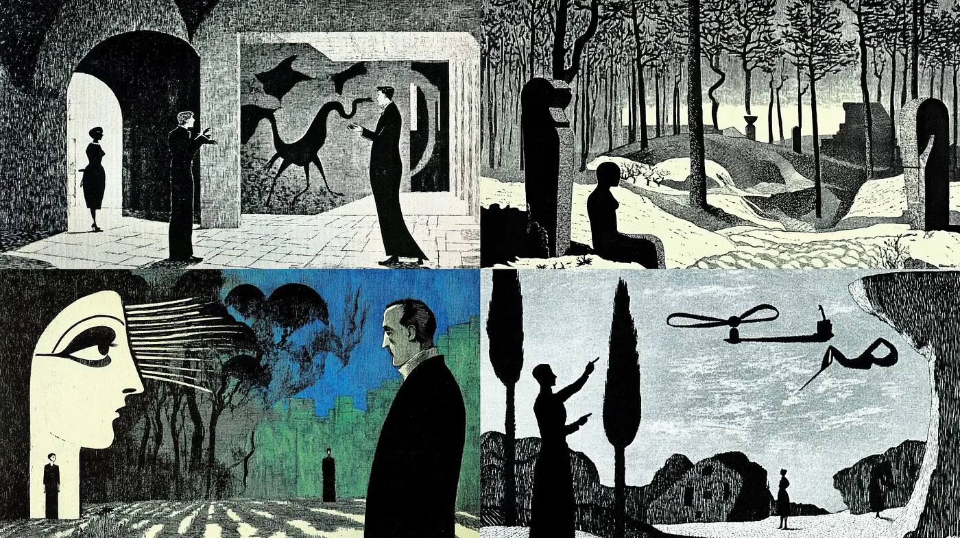Surreal Scenes in Monochromatic Etching Style - Midjourney sref style