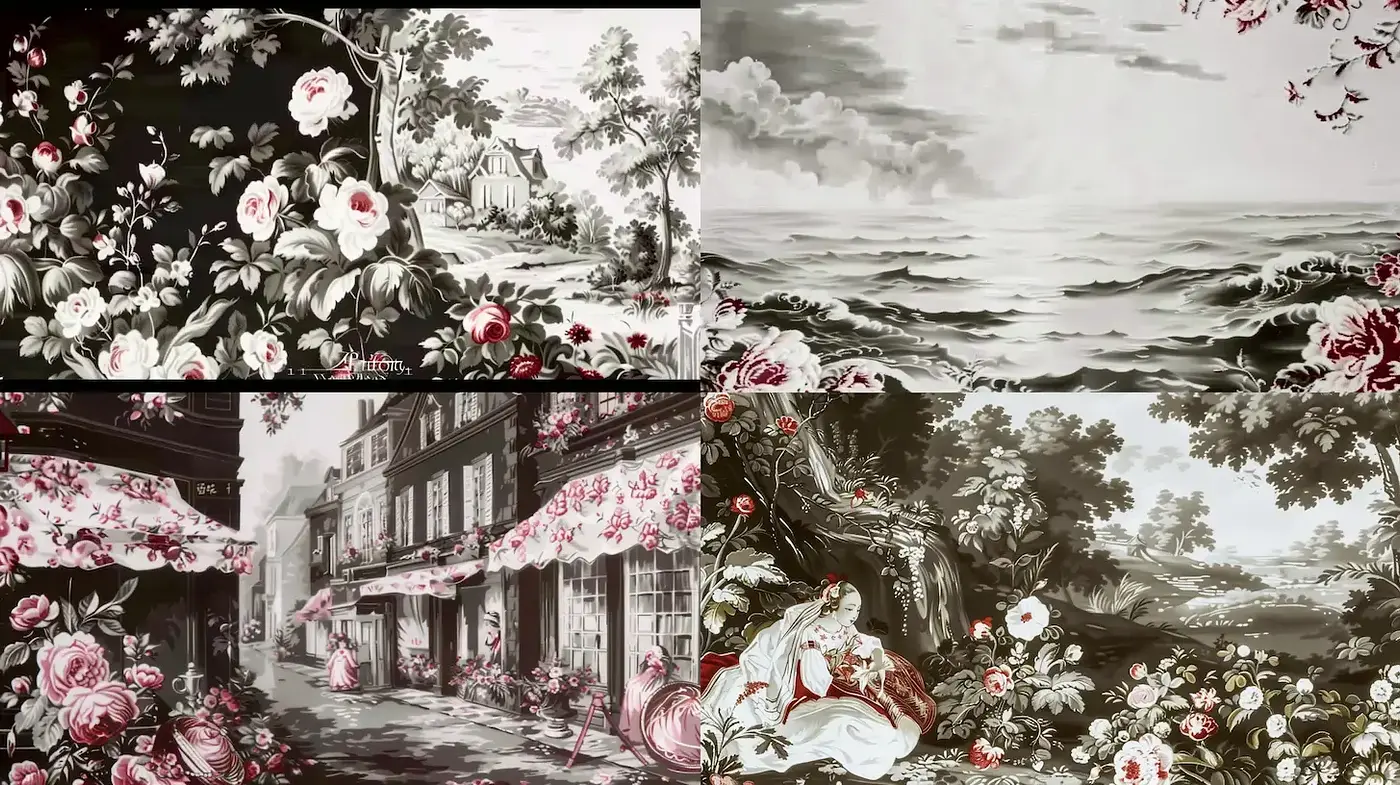 Elegant Floral and Maritime Scenes in Monochrome Palette - Midjourney sref style