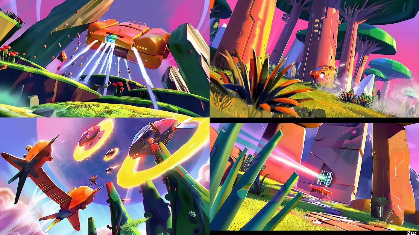 Vibrant and Playful Futuristic Landscape with Surreal Elements - Midjourney sref style