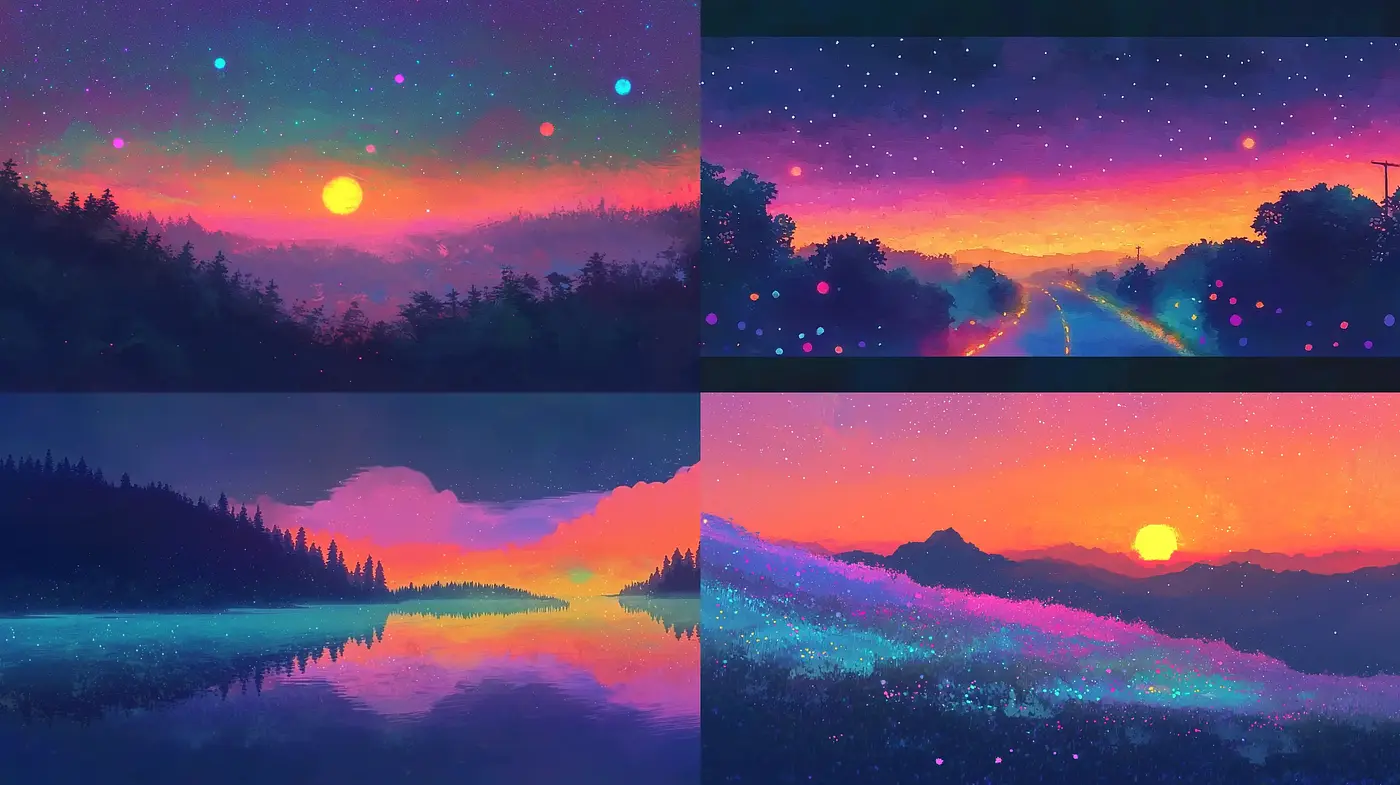 Twilight Dreamscape: An Evocative Synthesis of Dusk and Vibrancy - Midjourney sref style
