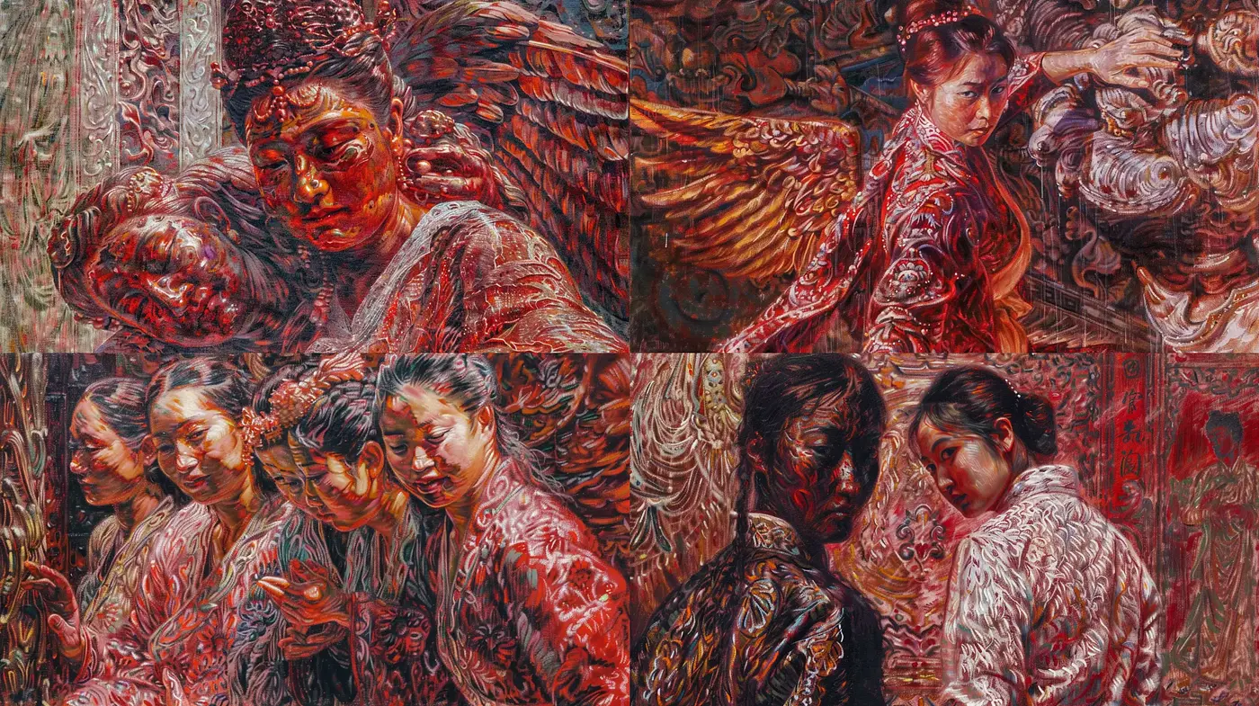Ethereal Brushwork Elegance in Burnished Red Tones - Midjourney sref style