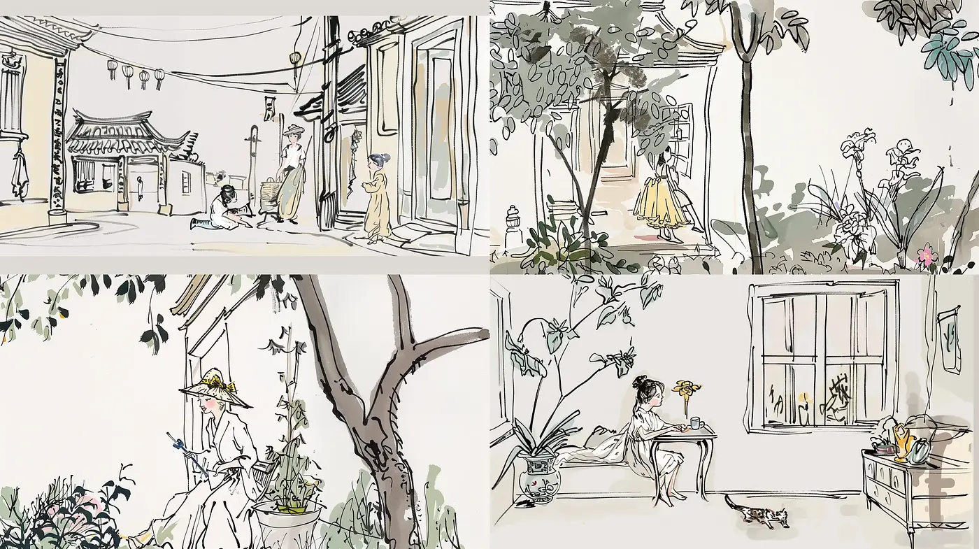 Sketchbook Serenity in Earthy Tones with Pops of Pastel Hues - Midjourney sref style