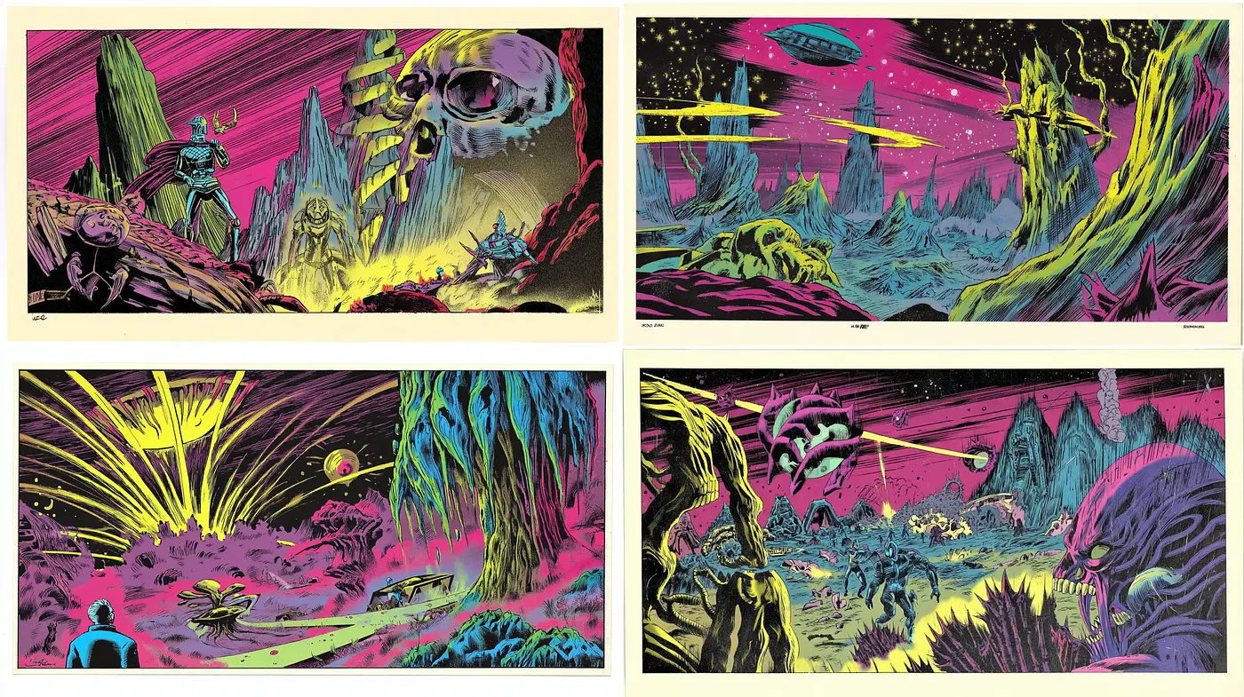 Vibrant Cosmic Landscapes Infused with Retro Futurism - Midjourney sref style