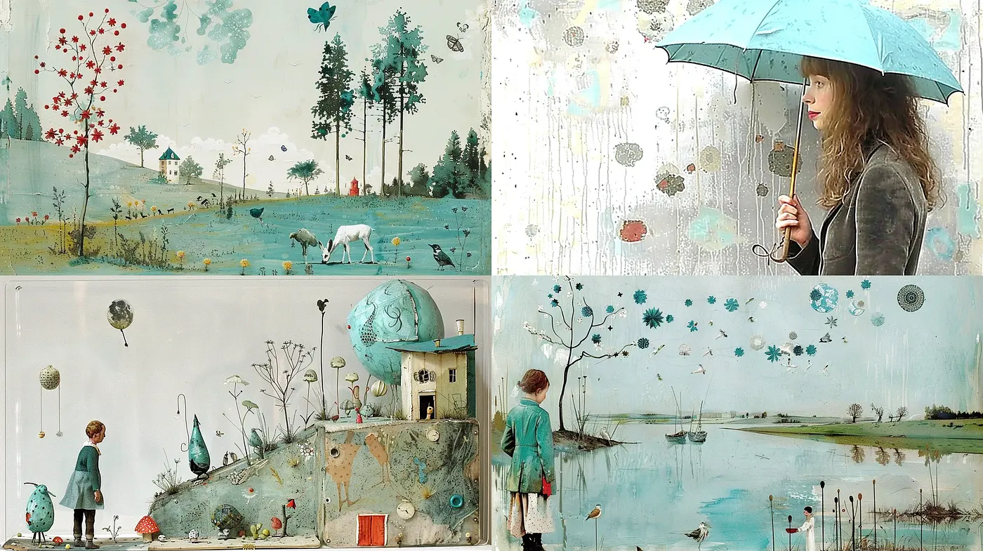Whimsical Pastoral Tableaus with Surrealist Overtones and a Tranquil Palette - Midjourney sref style