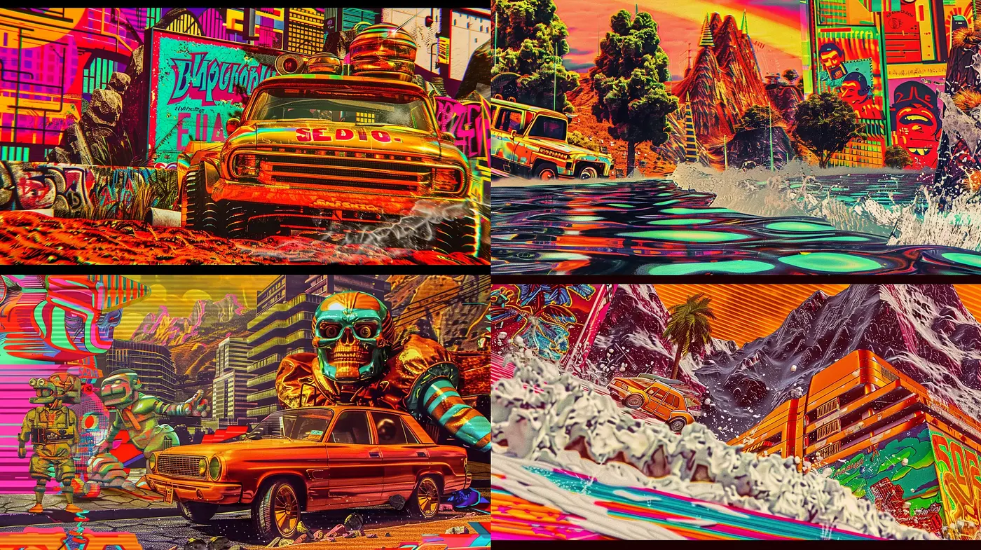 Neon-Drenched Retrofuturism with Surreal Overtones - Midjourney sref style