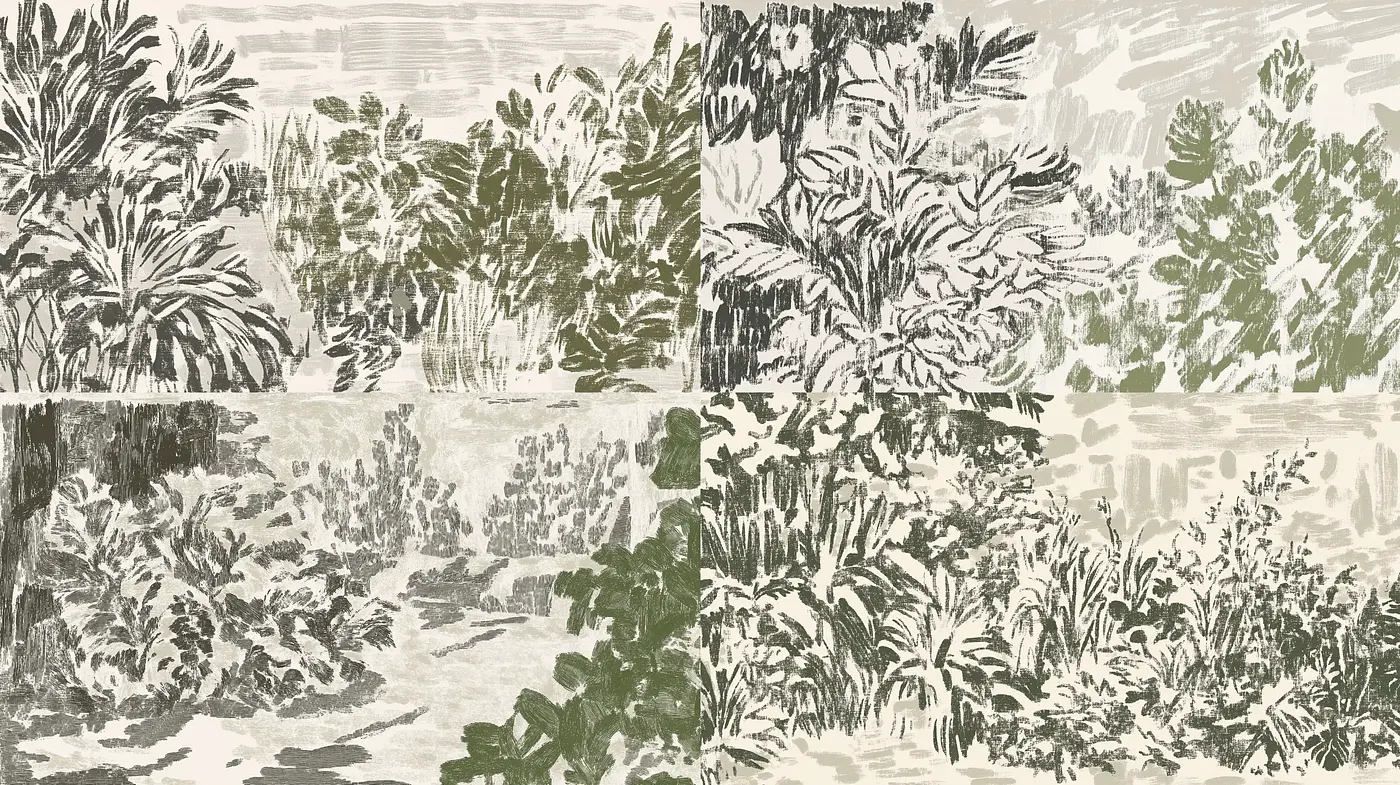 Serene Monochromatic Foliage Tapestry - Midjourney sref style