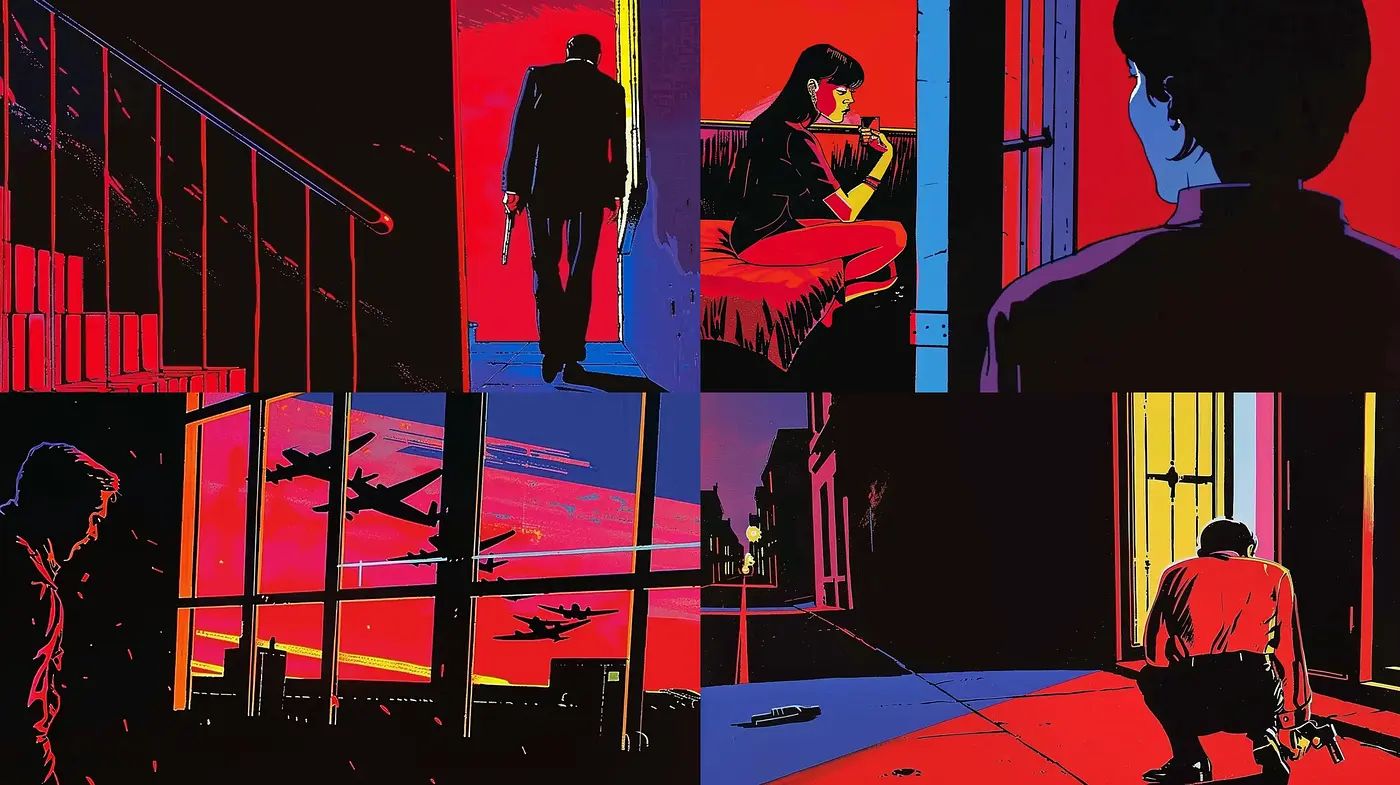 Stylized Noir Silhouettes with Bold Contrasts and Pops of Neon - Midjourney sref style