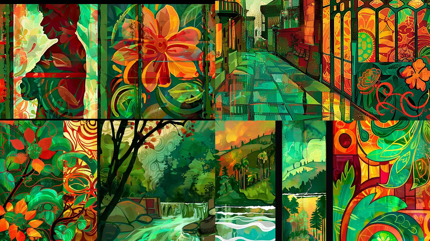 Lush Art Nouveau Fusion with Rich Botanical Motifs and Earthy Tones - Midjourney sref style