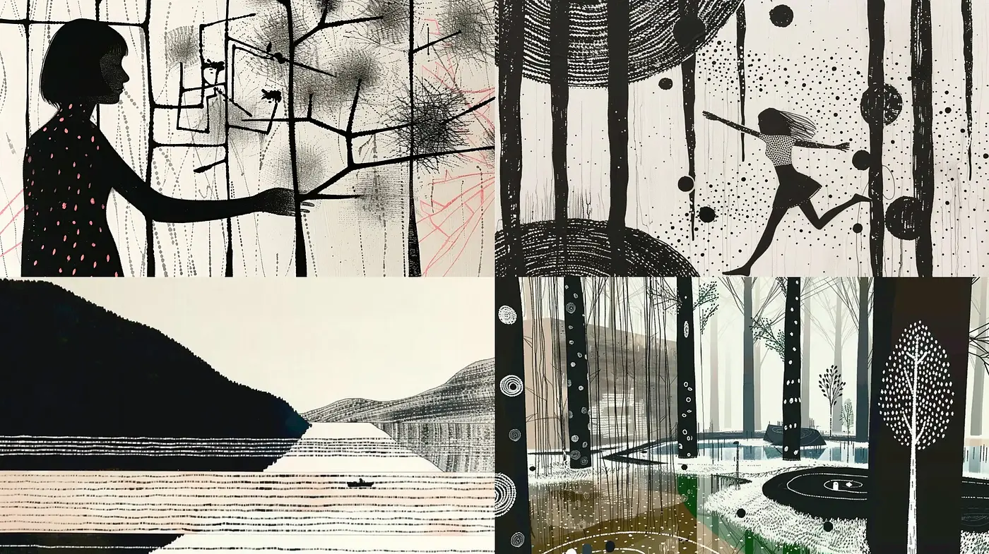 Monochrome Textured Elegance: A Study in Dot and Line Work - Midjourney sref style
