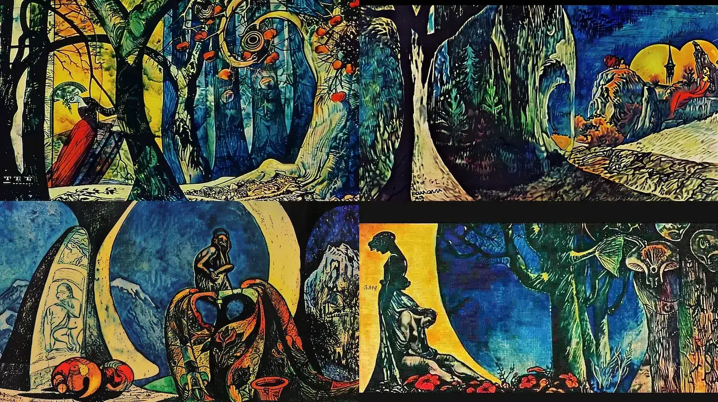 Surrealistic and Symbolic Nature Scenes with a Dreamlike Quality - Midjourney sref style