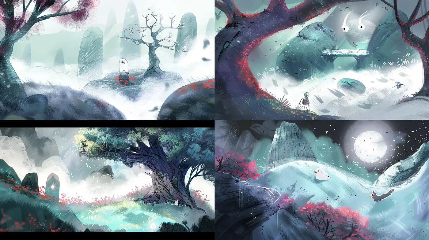 Ethereal Whimsical Landscapes in Moonlit Hues - Midjourney sref style