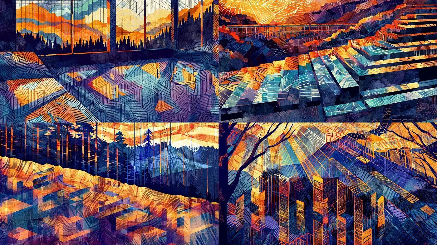 Geometric Luminosity: A Dance of Digital Brushstrokes and Patterned Nature - Midjourney sref style