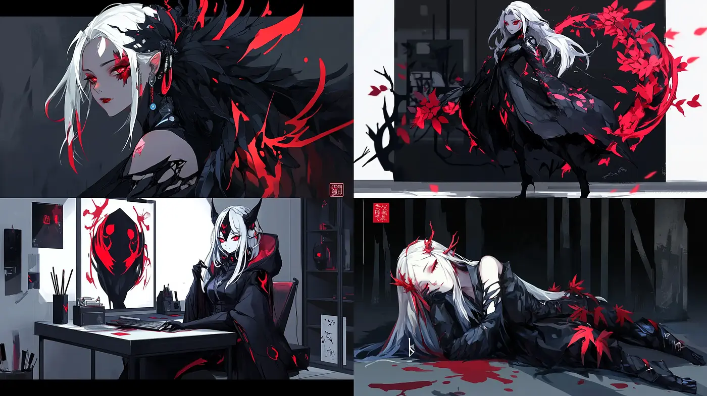 Ethereal Monochrome Hues with Striking Crimson Accents: A Dive into Semi-Surreal Contrasts - Midjourney sref style
