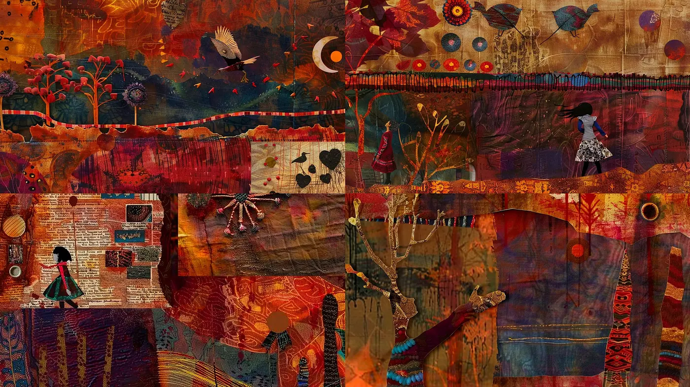 Rustic Tapestry of Warm Hues: A Textured Melange of Folk Art and Abstract Expression - Midjourney sref style