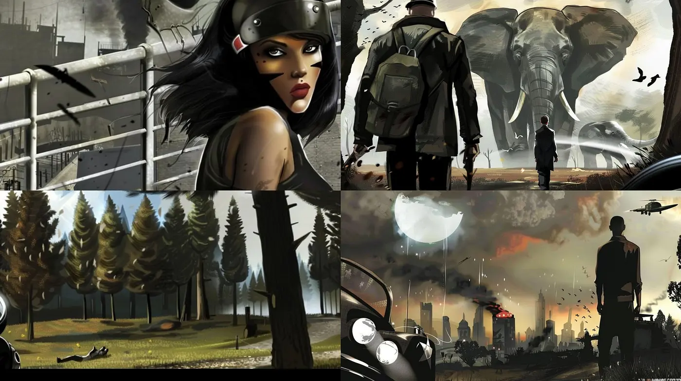 Stylized Graphic Novel Aesthetic with a War-Torn and Mysterious Ambience - Midjourney sref style