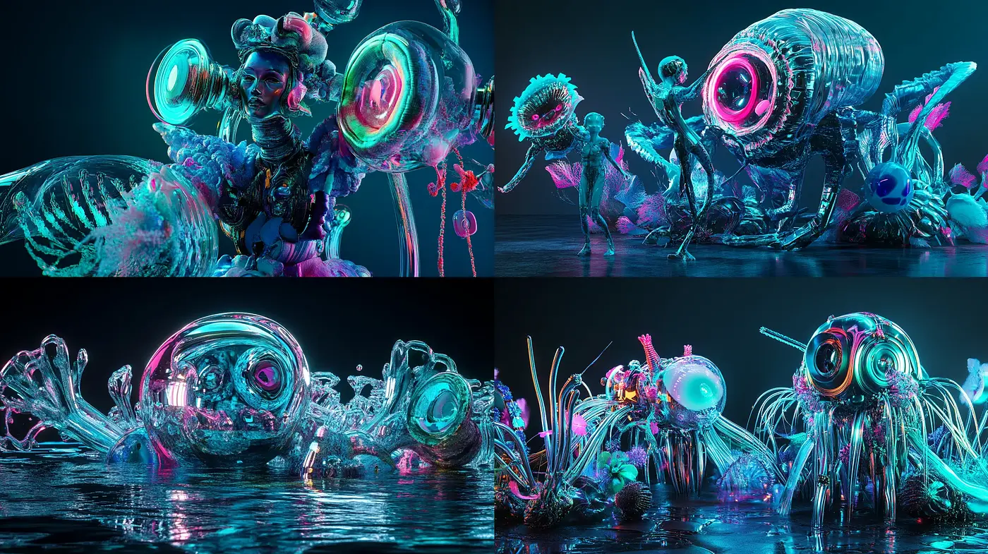 Luminous Cybernetic Organica: A Fusion of Bioluminescent Forms and Neon Spectacle - Midjourney sref style