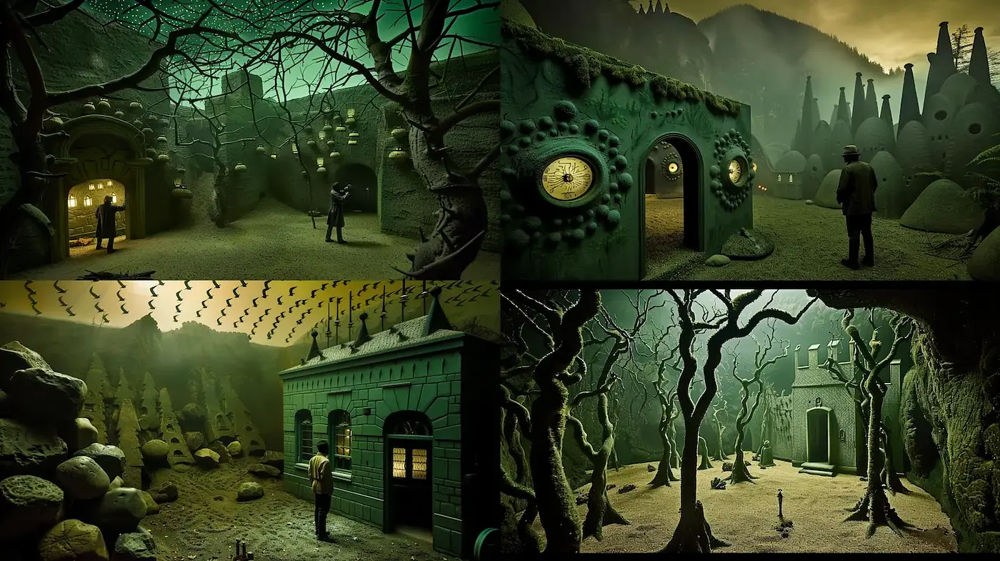 Surreal landscapes with whimsical architecture and moody atmospheres - Midjourney sref style