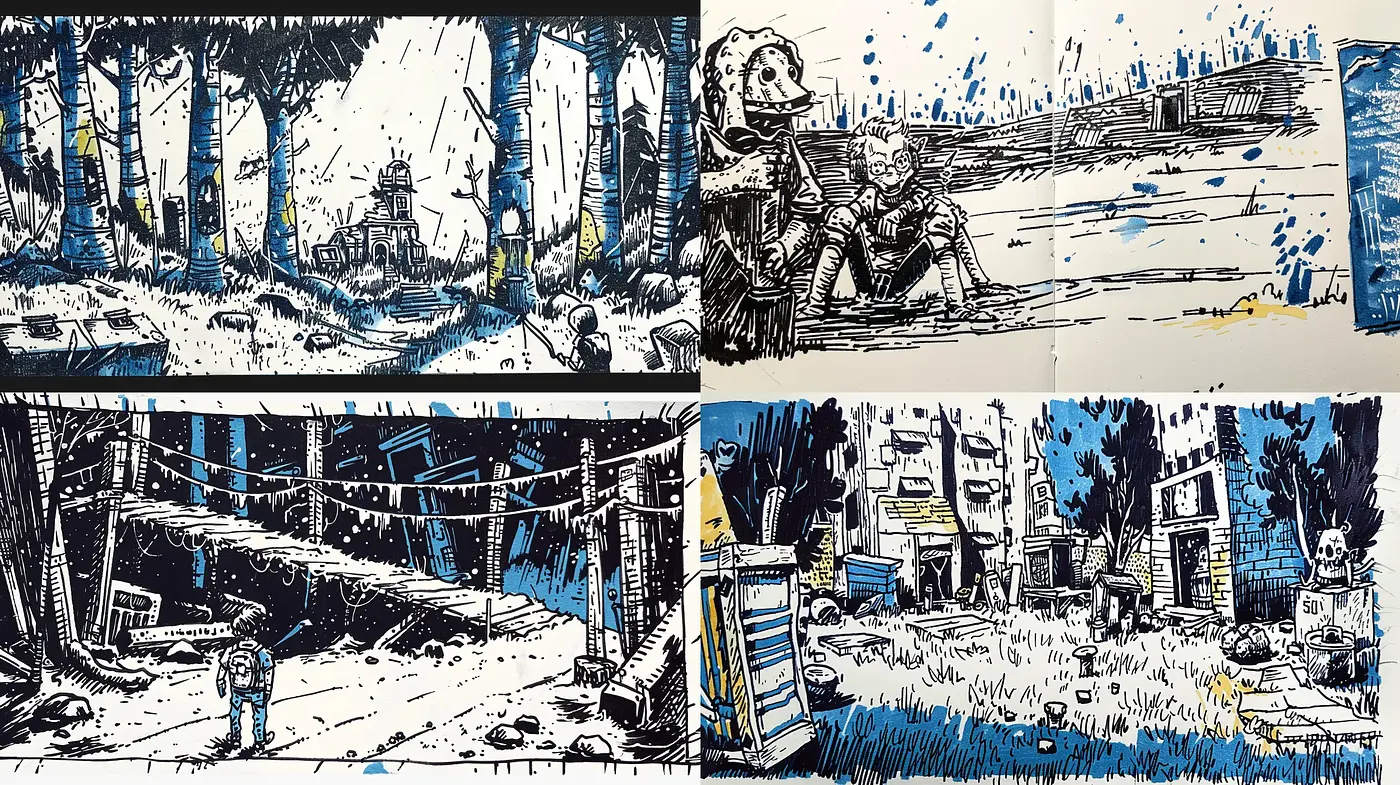 Graphic Novel Hues with a Splash of Electric Blues - Midjourney sref style