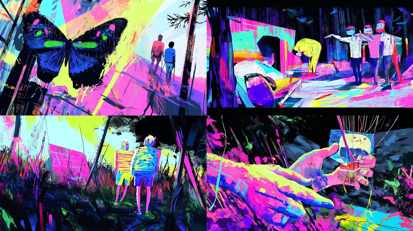 Dynamic Neon Expressionism: A Vivid Tapestry of Digital Brushwork and Luminous Hues - Midjourney sref style