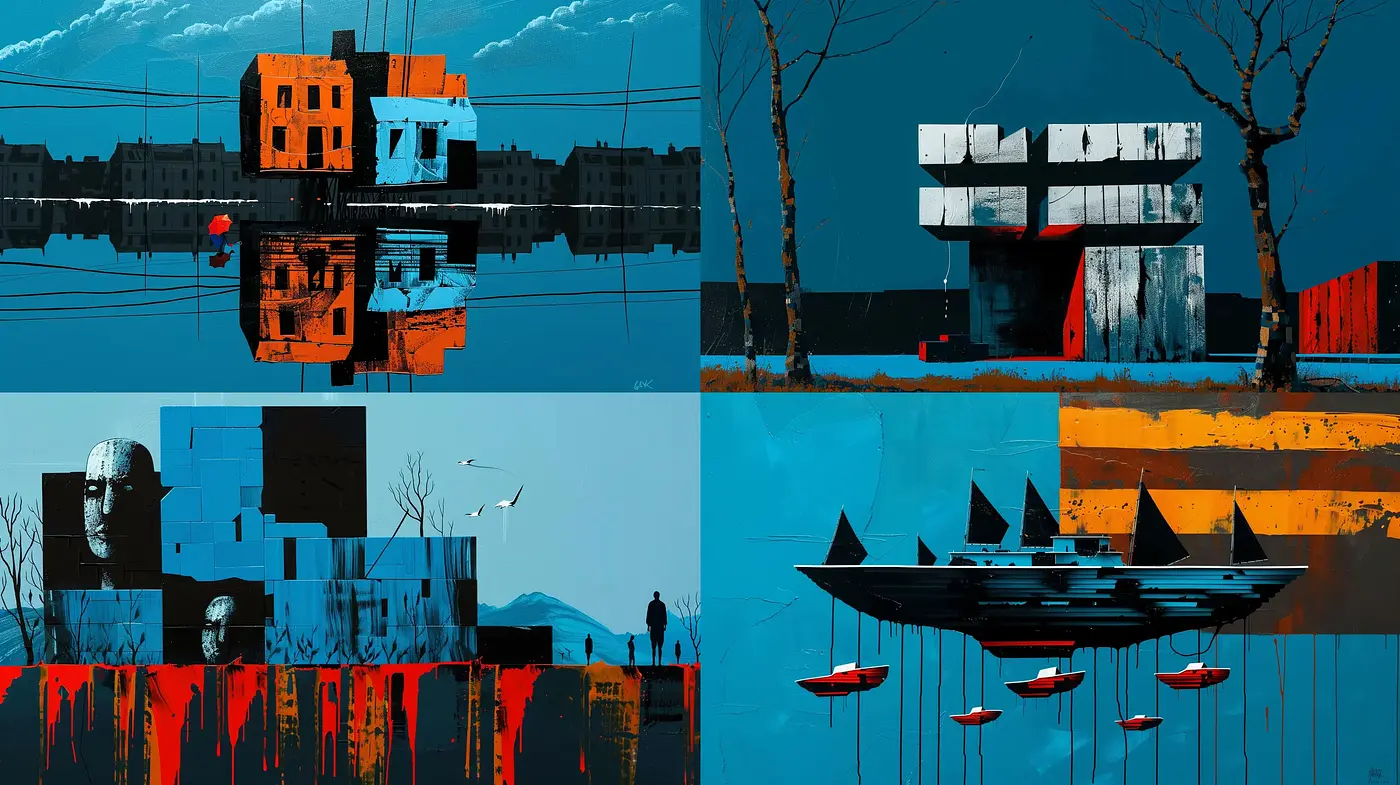 Futuristic Dystopian Reflections in Stark Contrast - Midjourney sref style