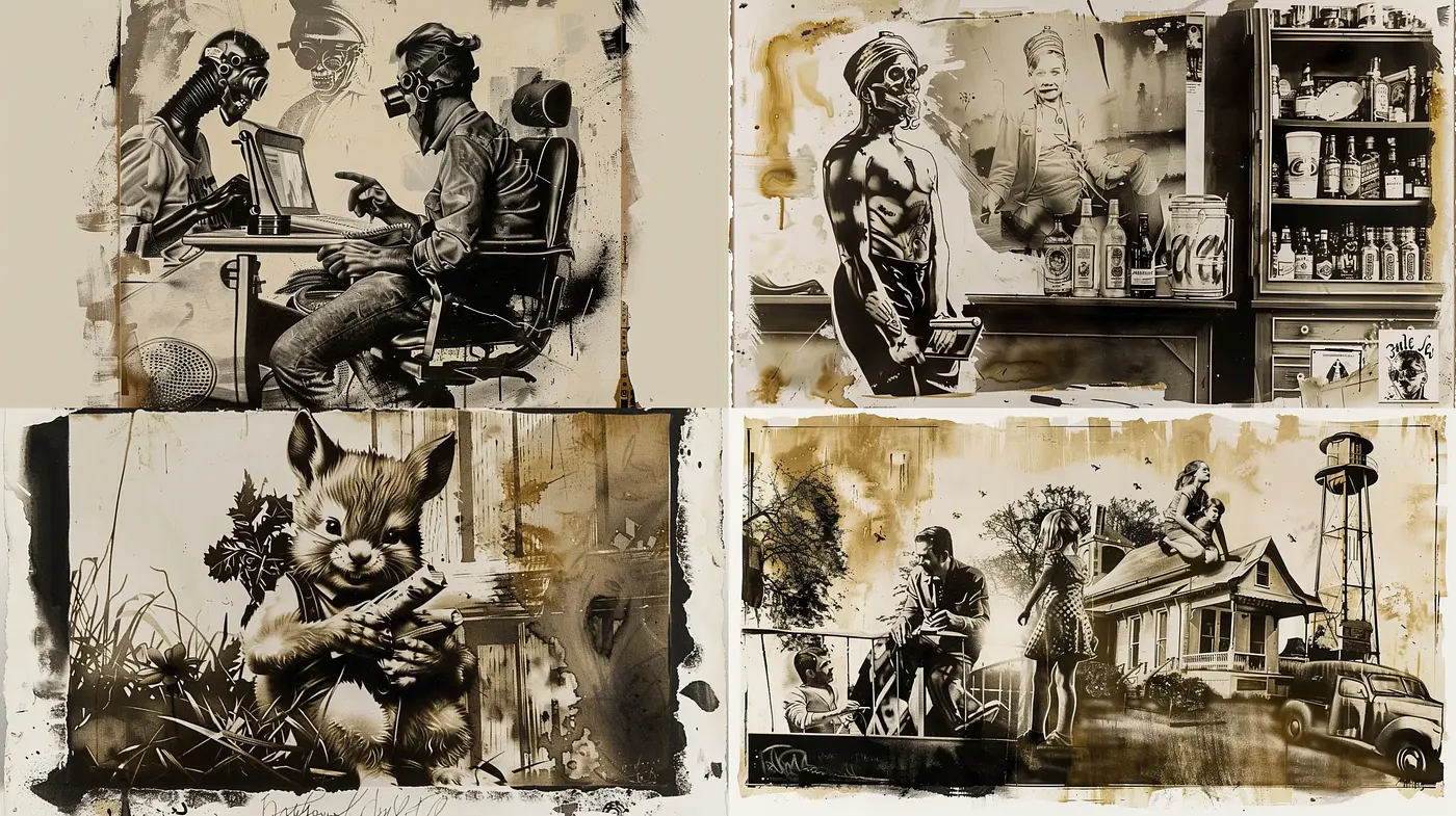 Sepia-Toned Storybook Scenes with a Rustic Charm and a Sense of Nostalgia - Midjourney sref style
