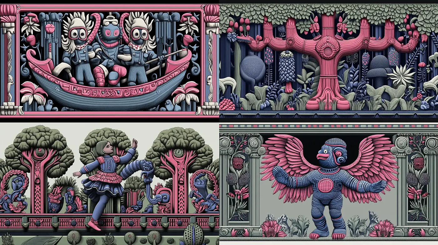 Intricate Mythologique Tapestry: A Harmonious Blend of Fantastical Elements and Lush Botanical Motifs - Midjourney sref style
