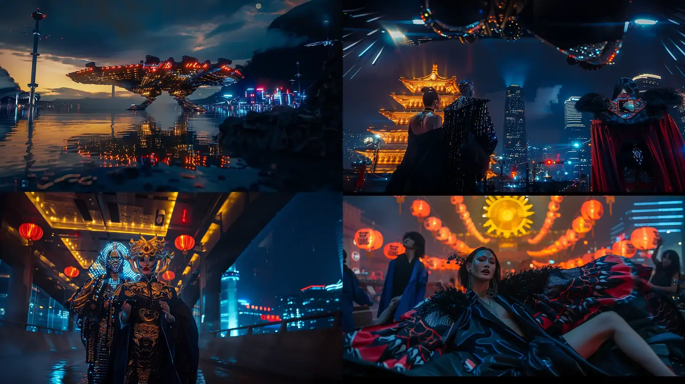 Neon Cyberpunk Dreamscape: Fusion of Traditional Elegance and Futuristic Noir - Midjourney sref style