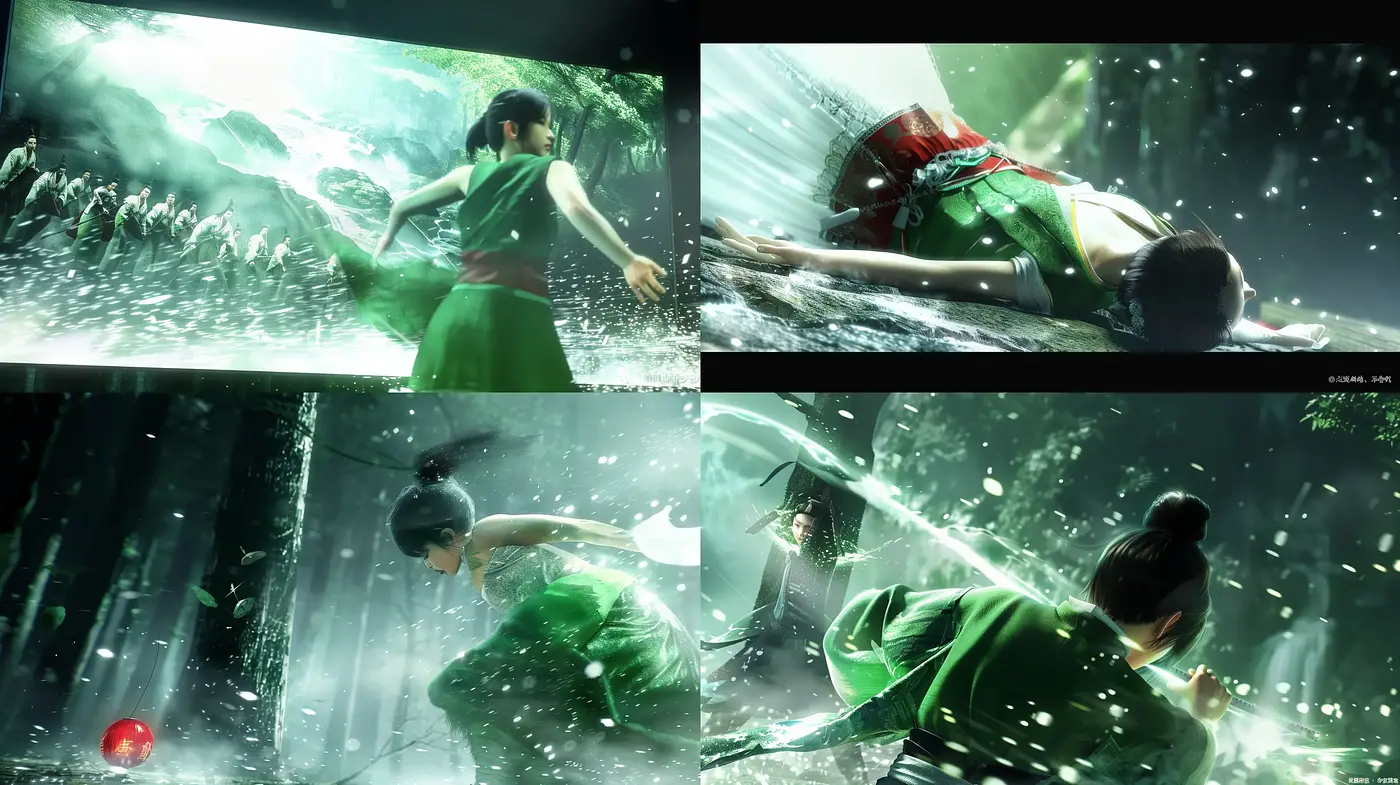 Emerald Cinematic Dynamism: A Fusion of High-Contrast Lighting and Fluid Movement - Midjourney sref style