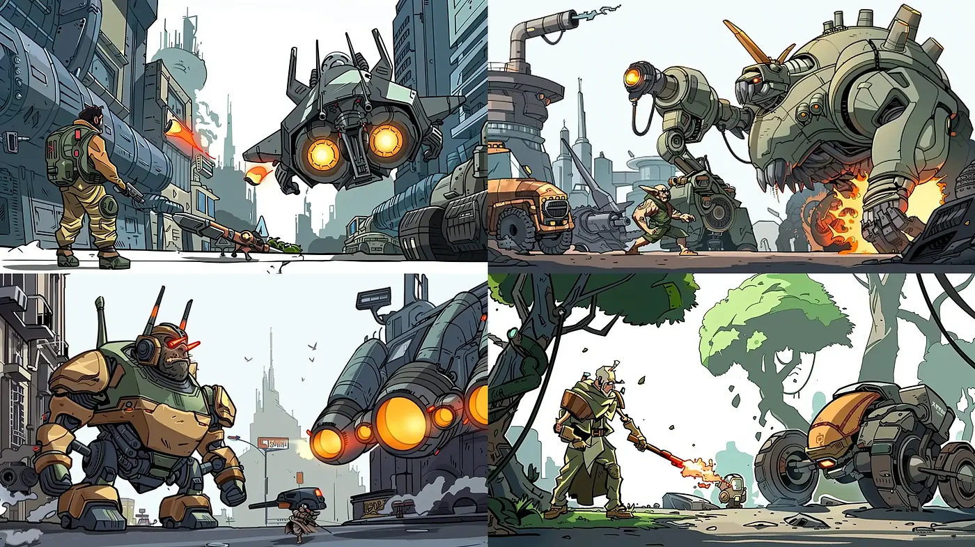 Futuristic Mechanical Showdown in Subdued Tones - Midjourney sref style