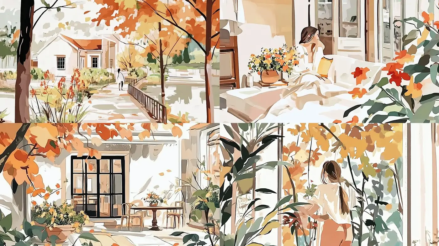 Tranquil Serenity in Autumn Hues: A Consistent Fusion of Digital Watercolor Techniques - Midjourney sref style