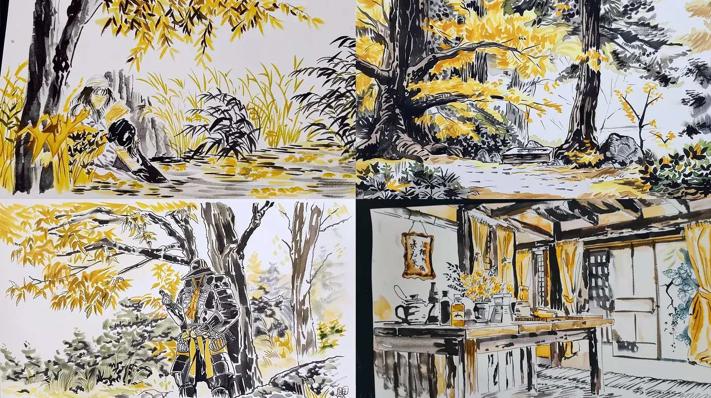 Consistent Hues of Serenity: A Harmonious Blend of Monochrome and Mustard - Midjourney sref style