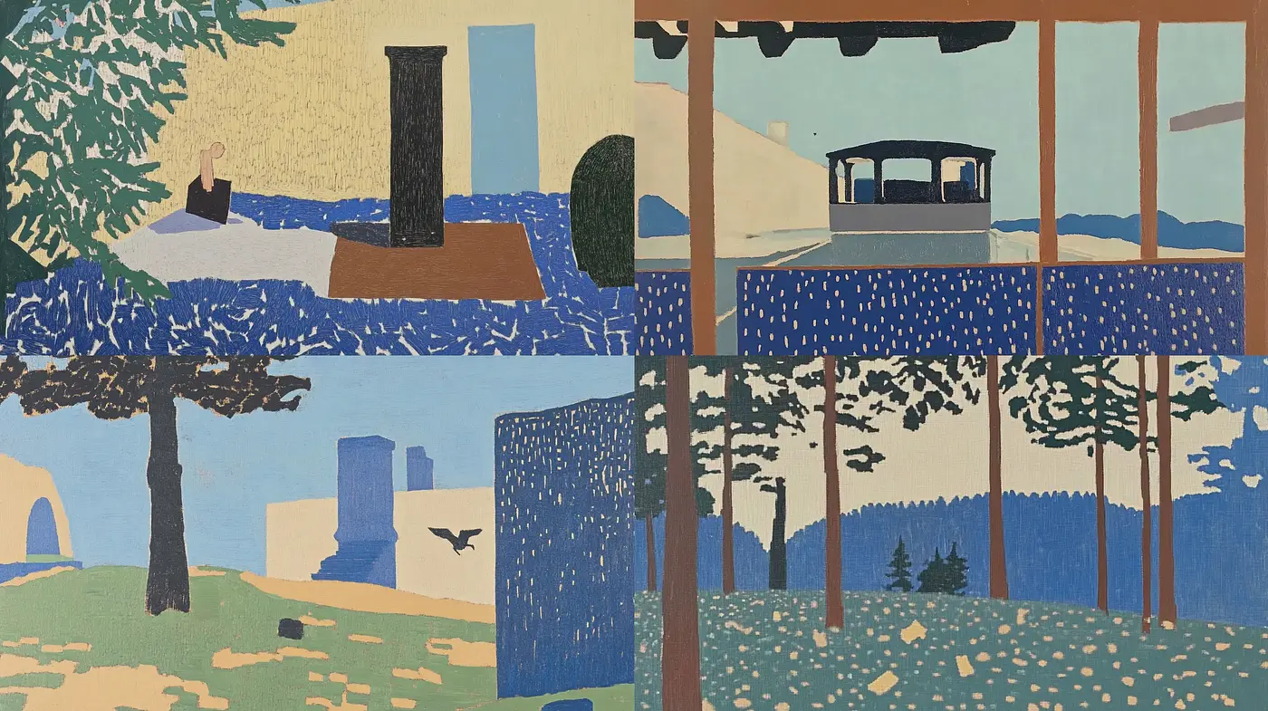 Serene and Pastoral Harmony: A Modern Geometric Panorama - Midjourney sref style