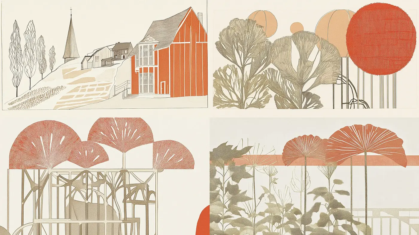 Serene Mid-Century Stylized Pastoral Scenes - Midjourney sref style