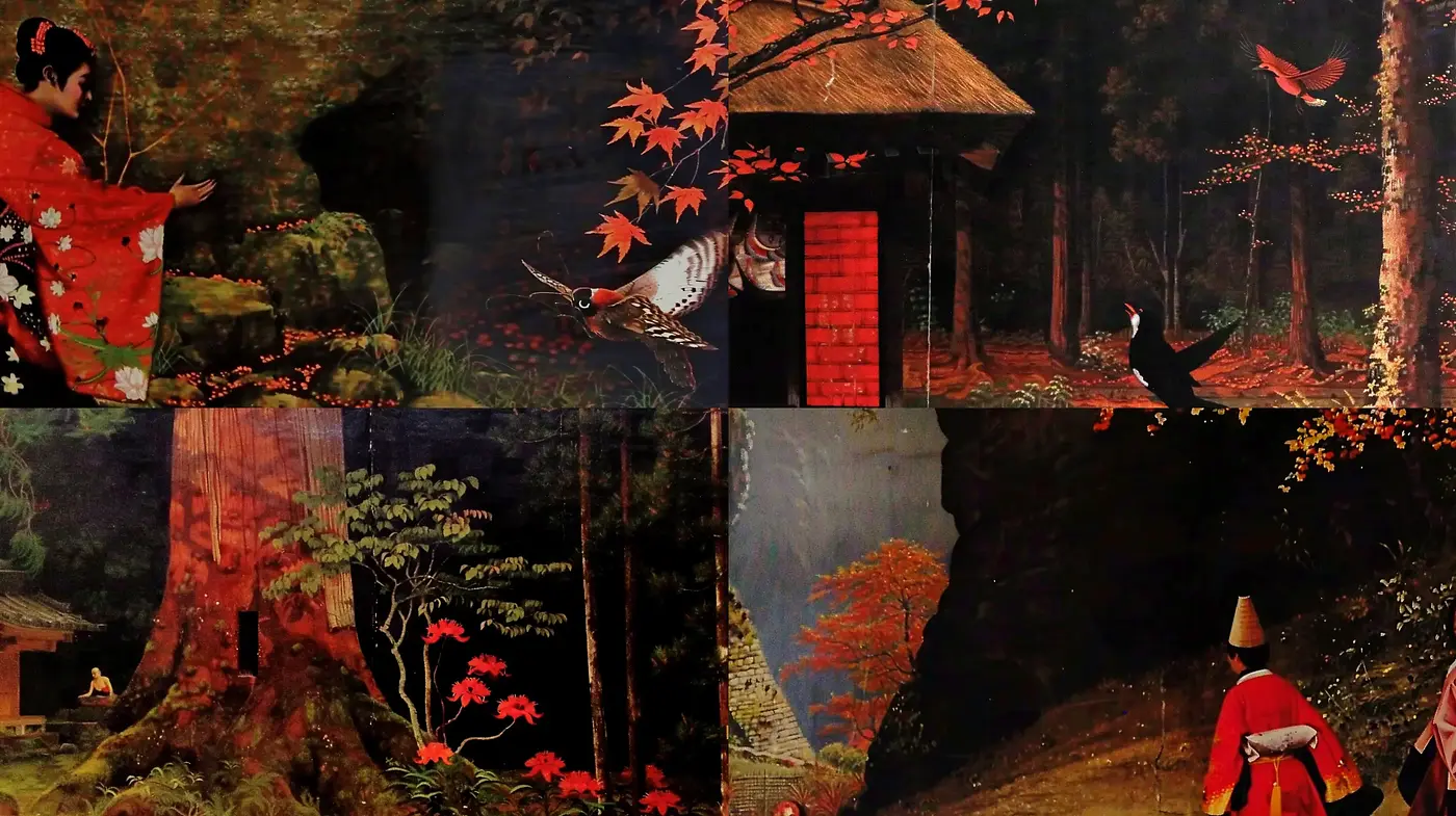 Ethereal Edo Period Inspired Dreamscapes with Vivid Crimson Accents - Midjourney sref style