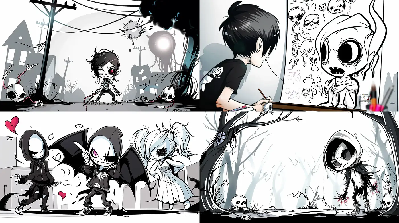 Monochromatic Whimsy: Expressive Cartoonish Gothic Art - Midjourney sref style