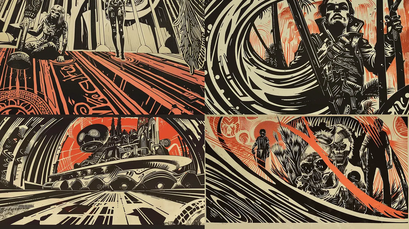 Expressionist Dynamics in Sepia: A Homage to Vintage Sci-Fi Ethos - Midjourney sref style