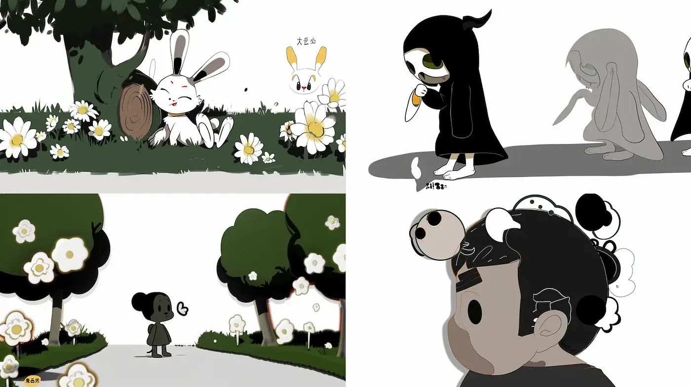 Whimsical Contrast and Minimalist Character Design in Playful Settings - Midjourney sref style