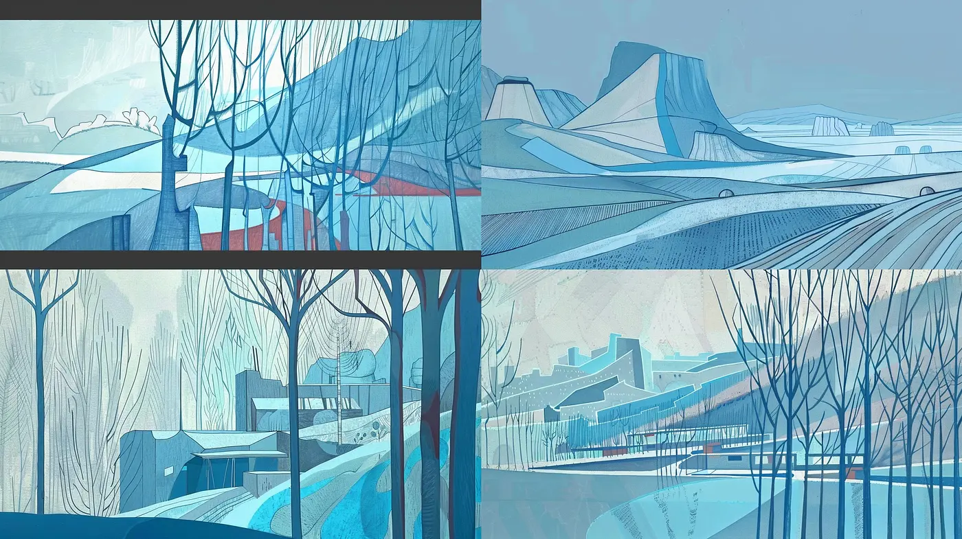 Serene Blue Hues: A Consistent Theme in Evocative Landscape Renderings - Midjourney sref style