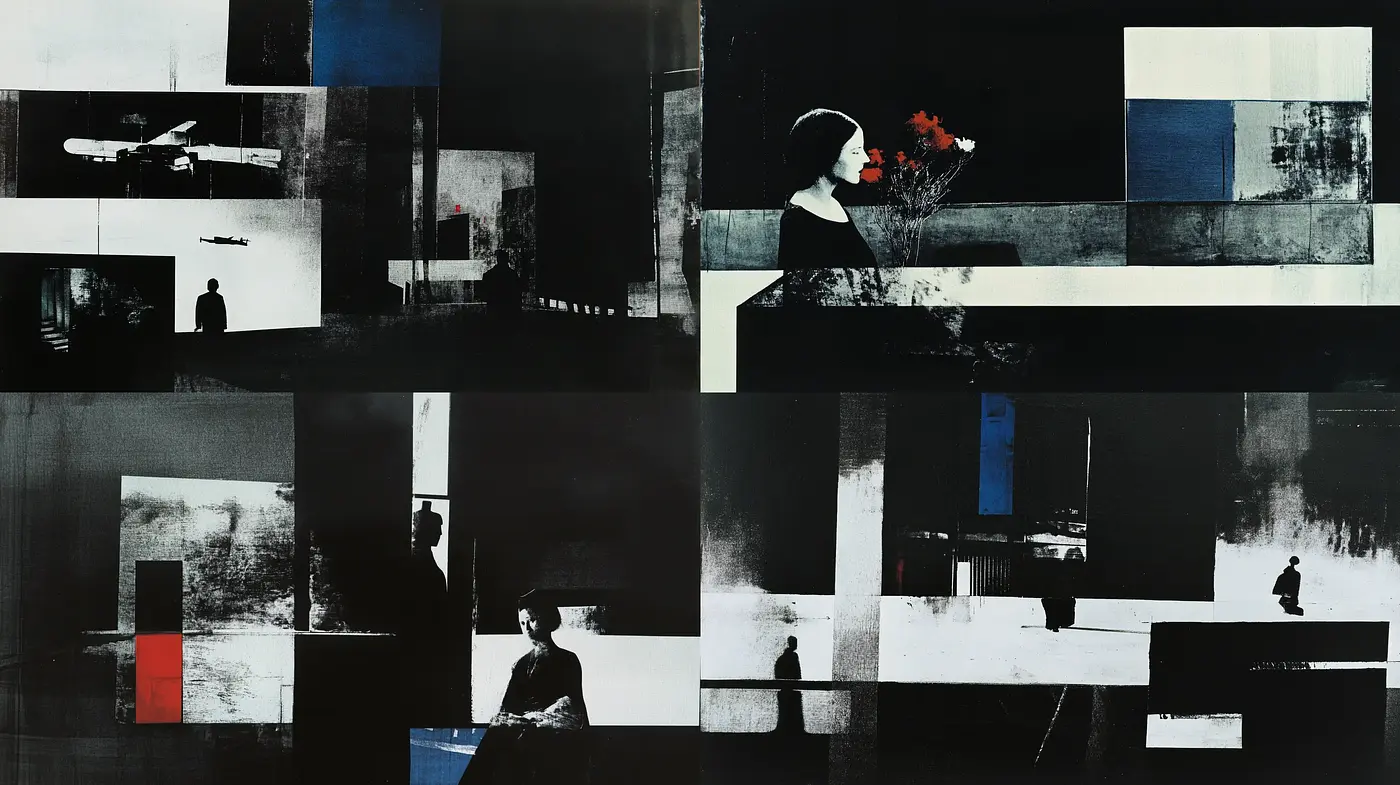 Contemporary Abstract Collage with a Cinematic Noir Influence - Midjourney sref style