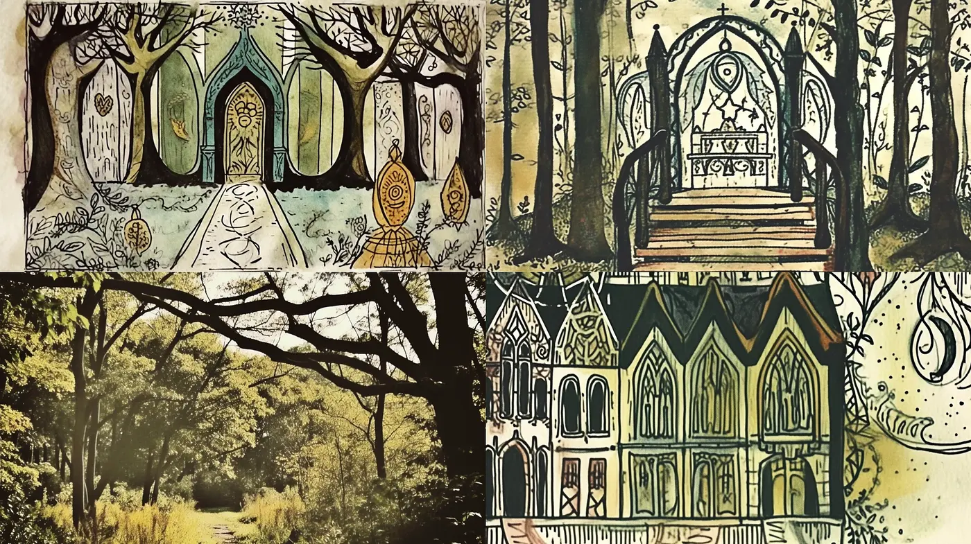 Whimsical Gothic Revival: A Dreamlike Fusion of Medieval Ecclesiastical Style and Fanciful Illustrations - Midjourney sref style